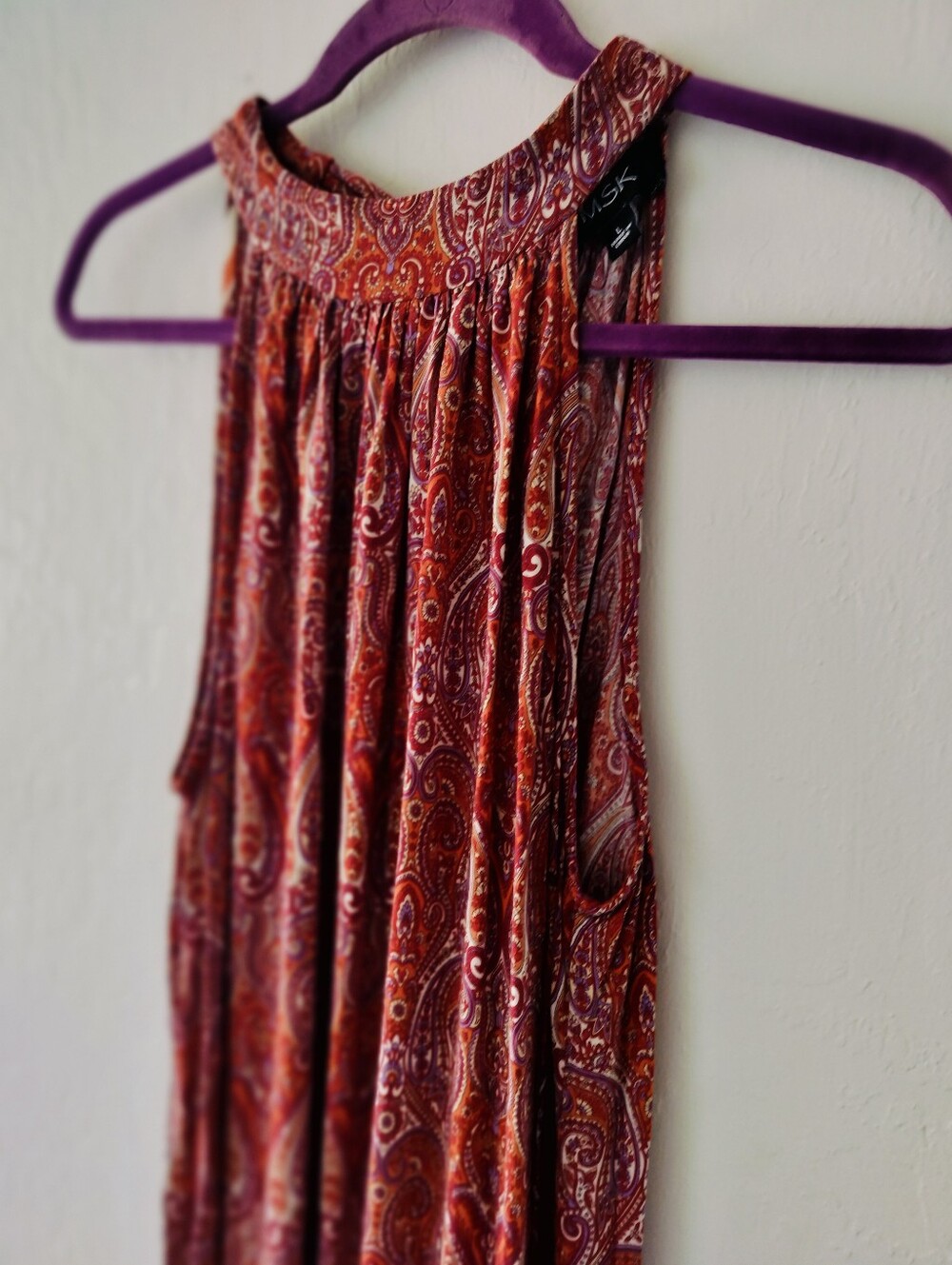 MSK Paisley Halter Maxi Dress Sz L  Boho Resortwear Tie Back 100% Rayon - Picture 4 of 9